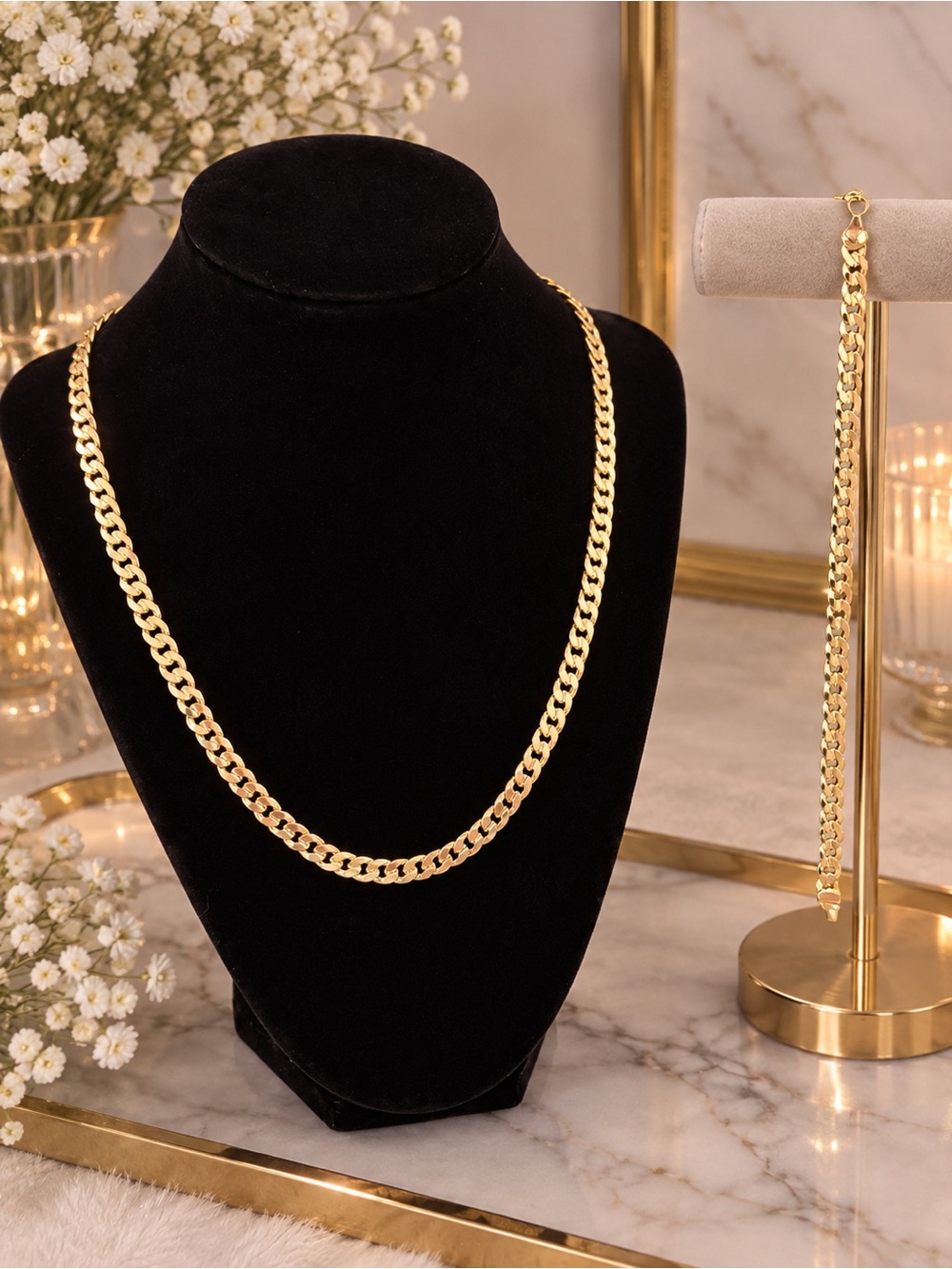 Gold-Tone Cuban Link Chain Necklace and Bracelet Set For Women